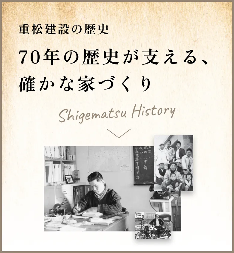 バナー：重松建設の歴史 70年の歴史が支える、確かな家づくり